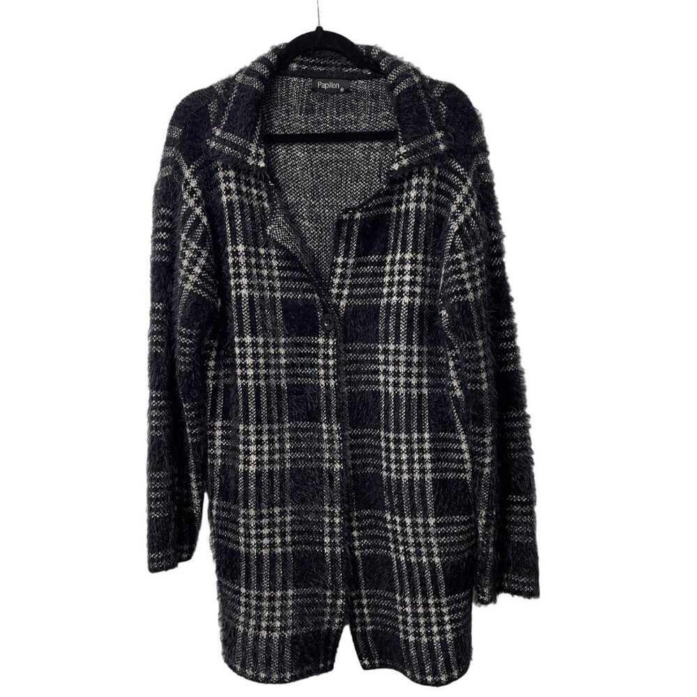 PAPILLON CARDIGAN SWEATER SIZE M BLACK WHITE CHECK PLAID LONG WARM COZY POCKETS